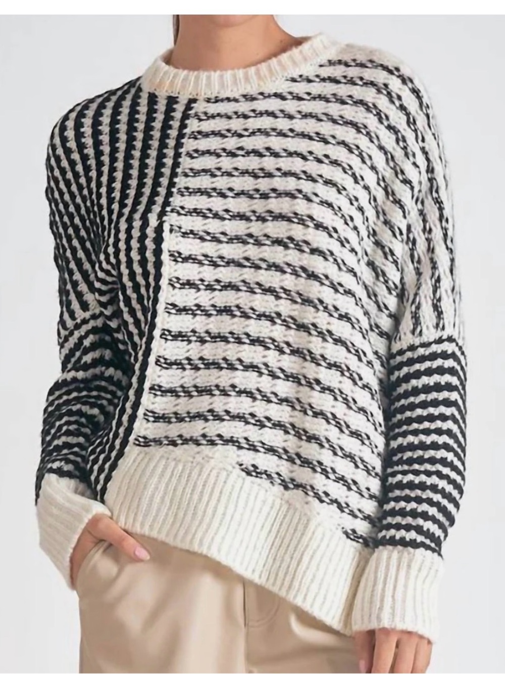 Elan Cream and Black Striped Crewneck Sweater
